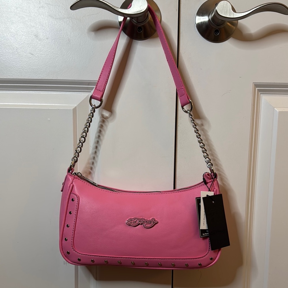 Ed Hardy Soft Vegan Leather Studded‎ Pink Y2k Shoulder Bag NWT